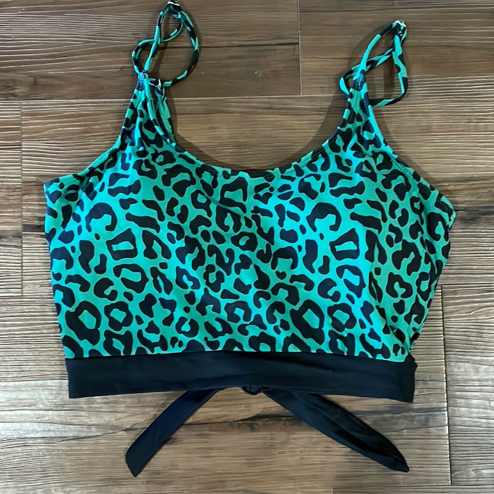NEW - Corsl Reef knotted button back swim top in teal leopard (Size Small)